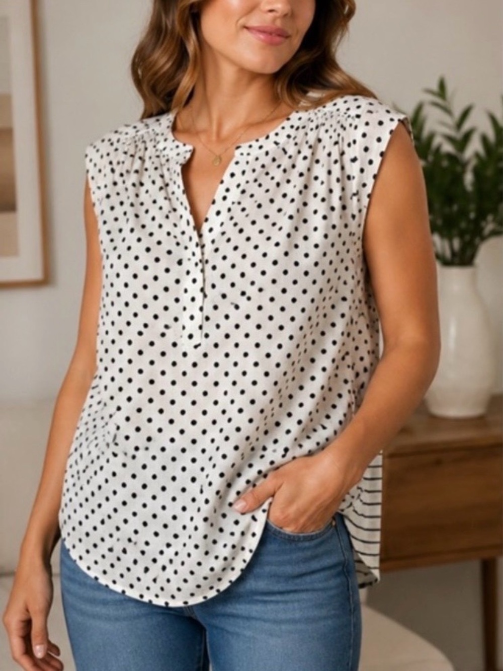 Daniel Rainn Polka Dot Blouse XL Linen Blend Sleeveless NWT